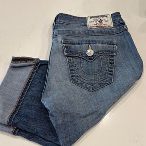 True Religion cuffed denim shorts - logo 5-pocket styling. So cute!!